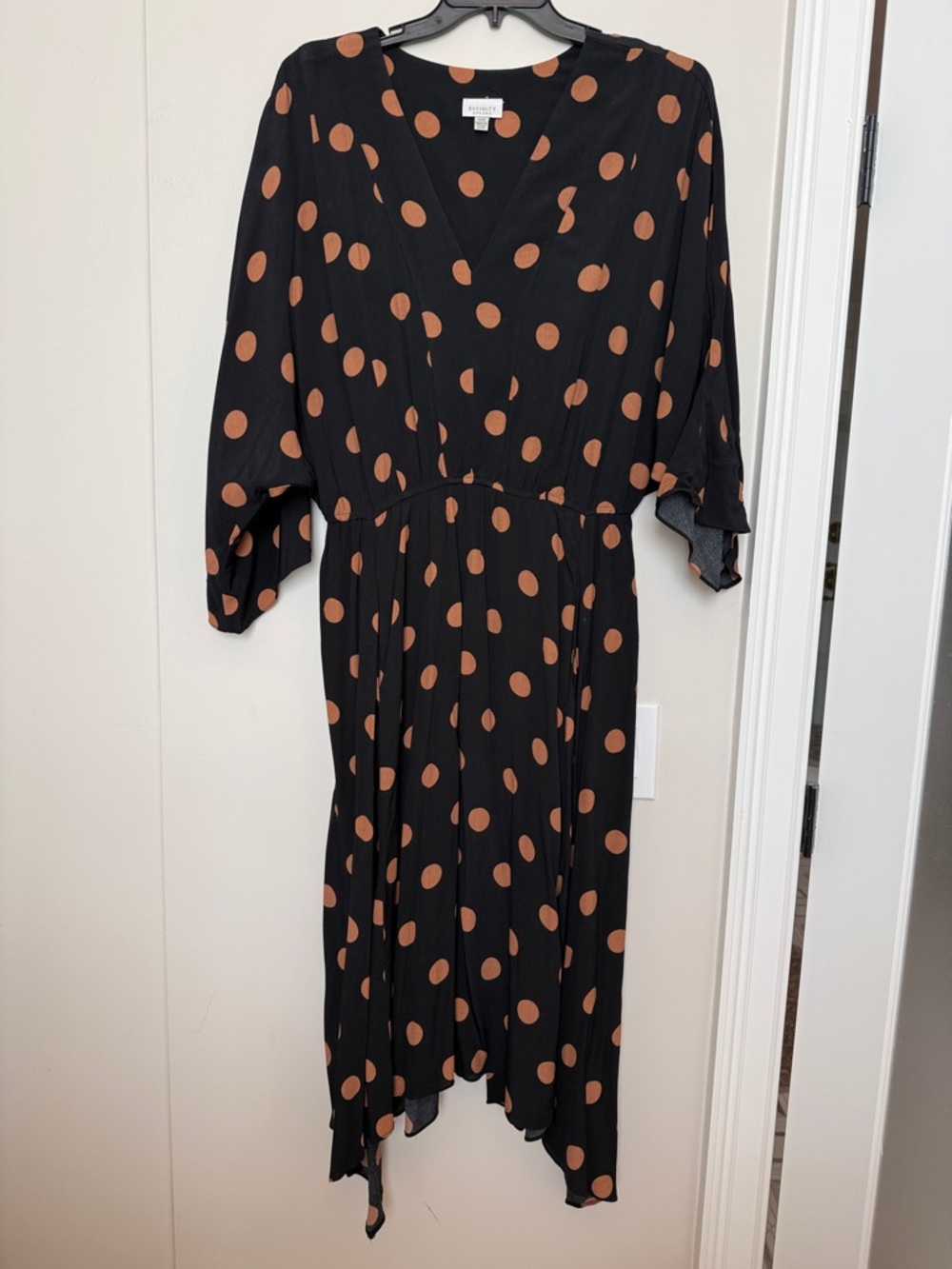 Black Midi Dress with Brown Polka Dots - V-Neck, Elbow Sleeve